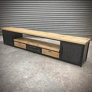 Rack de tv industrial de Fierro y madera, Mesa tv Living 300x60x44cm