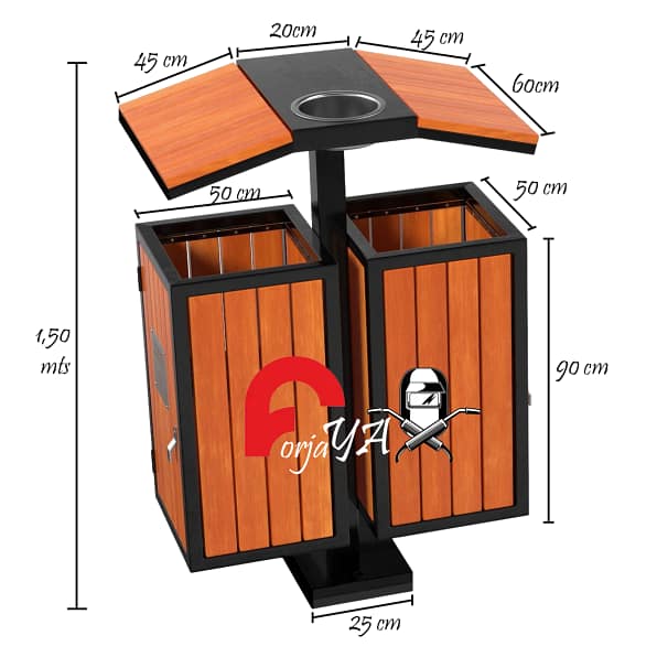 Basurero doble para exterior de fierro y madera Forjaya