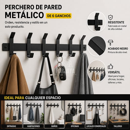 Perchero de pared metálico negro de 6 ganchos para ropa, bolsos y llaves